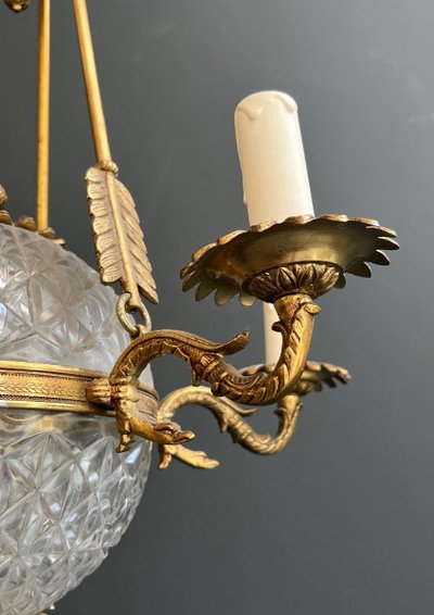 Empire Style Hot Air Balloon Chandelier in Bronze and Crystal with Arrow and Swan Neck Decor.