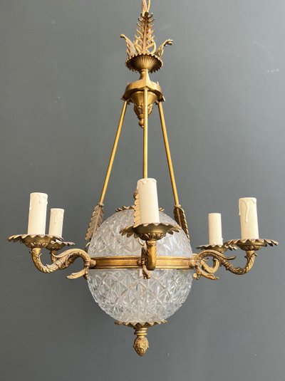 Empire Style Hot Air Balloon Chandelier in Bronze and Crystal with Arrow and Swan Neck Decor.