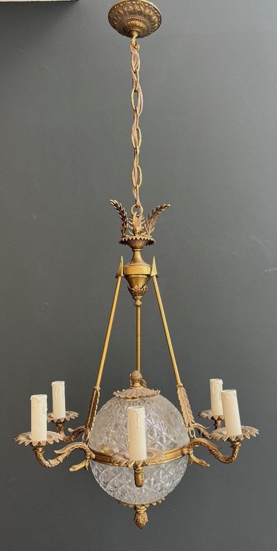 Empire Style Hot Air Balloon Chandelier in Bronze and Crystal with Arrow and Swan Neck Decor.
