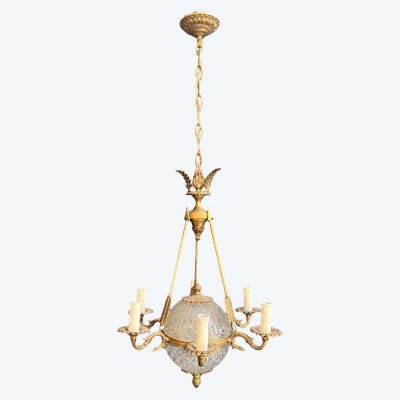 Empire Style Hot Air Balloon Chandelier in Bronze and Crystal with Arrow and Swan Neck Decor.