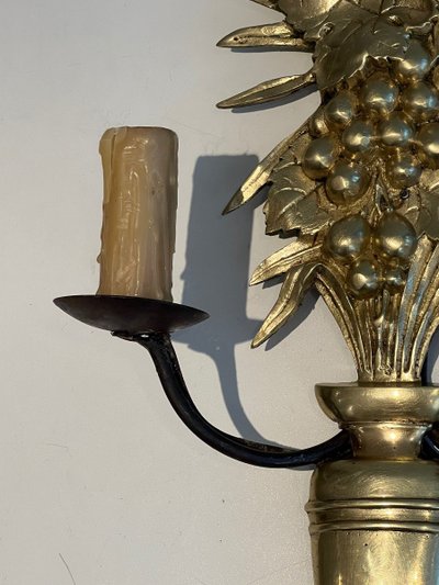 Pair of bronze and wrought iron wall lights depicting a bowl of fruit. French work.