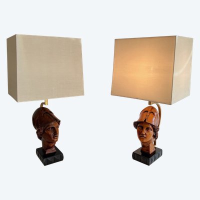 Pair of walnut lamps depicting the faces of helmeted soldiers. Italian work.