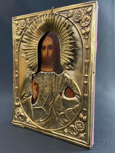 Icône russe au Chris pantocrator bois peint et laiton XIXe