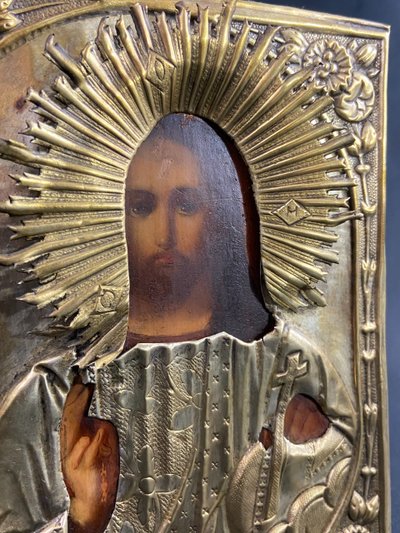 Icône russe au Chris pantocrator bois peint et laiton XIXe