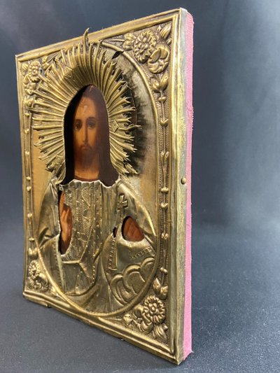 Icône russe au Chris pantocrator bois peint et laiton XIXe