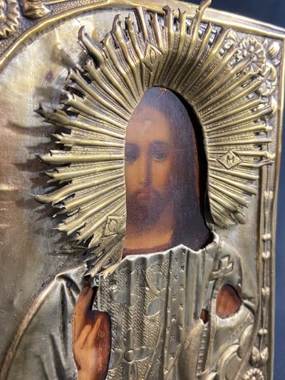 Icône russe au Chris pantocrator bois peint et laiton XIXe