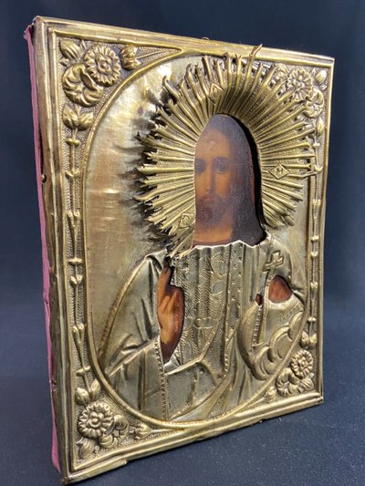 Icône russe au Chris pantocrator bois peint et laiton XIXe