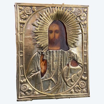 Icône russe au Chris pantocrator bois peint et laiton XIXe
