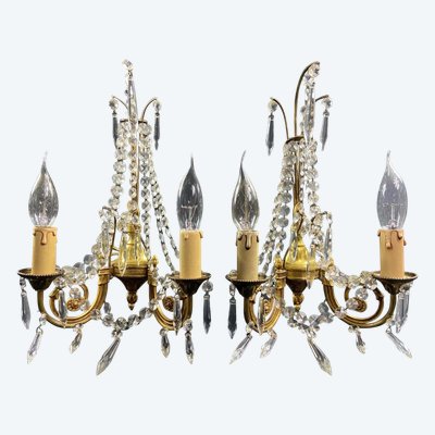 Paar Wandleuchten mit Pampillen auf Bronze im Stil Louis XVI.