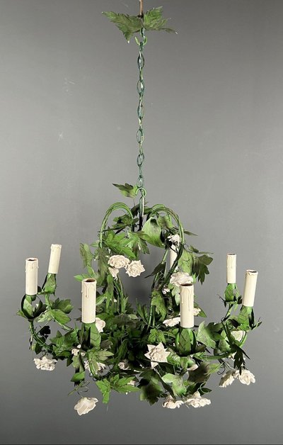 Large 8-Arm Porcelain Foliage And Painted Sheet Metal Chandelier