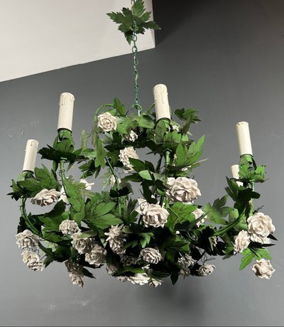 Large 8-Arm Porcelain Foliage And Painted Sheet Metal Chandelier