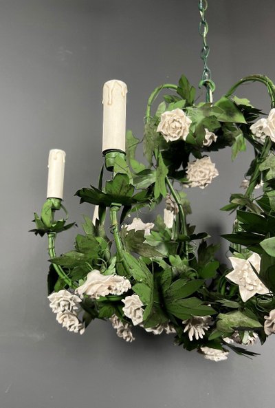 Large 8-Arm Porcelain Foliage And Painted Sheet Metal Chandelier