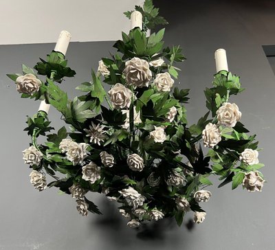 Large 8-Arm Porcelain Foliage And Painted Sheet Metal Chandelier