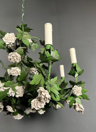 Large 8-Arm Porcelain Foliage And Painted Sheet Metal Chandelier