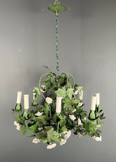 Large 8-Arm Porcelain Foliage And Painted Sheet Metal Chandelier