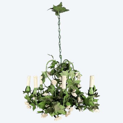 Large 8-Arm Porcelain Foliage And Painted Sheet Metal Chandelier