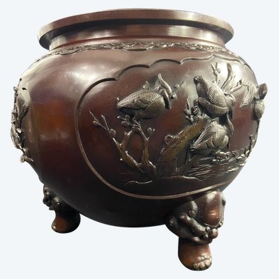 Grand cache-pot en bronze à décor d'oiseau fin XIXe Japon Meiji