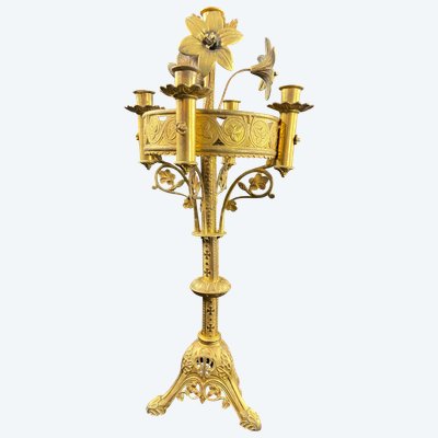 Candeliere da chiesa neogotico in bronzo del XIX secolo
