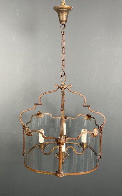 Lantern En Fer Forgé Battu Doré Et Verres Galbés. French work. Circa 1940