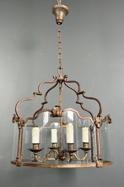 Lantern En Fer Forgé Battu Doré Et Verres Galbés. French work. Circa 1940