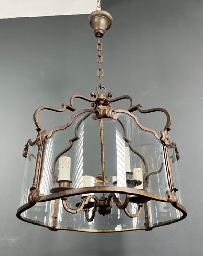 Lantern En Fer Forgé Battu Doré Et Verres Galbés. French work. Circa 1940