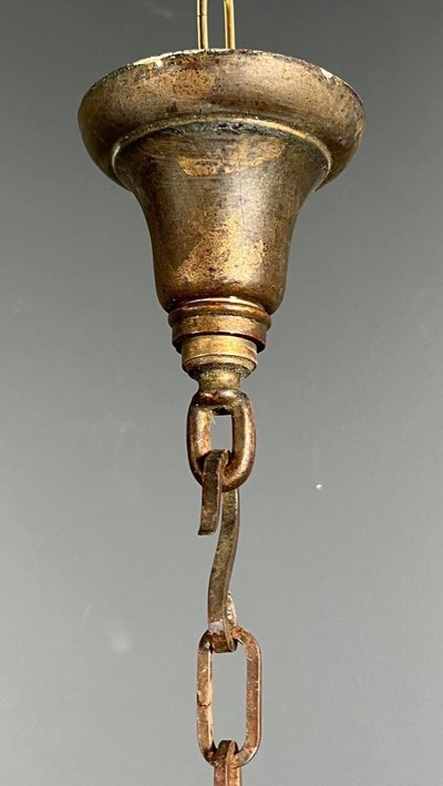 Lantern En Fer Forgé Battu Doré Et Verres Galbés. French work. Circa 1940