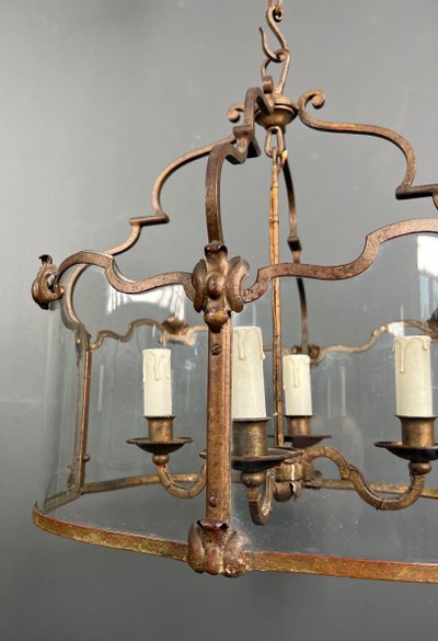 Lantern En Fer Forgé Battu Doré Et Verres Galbés. French work. Circa 1940