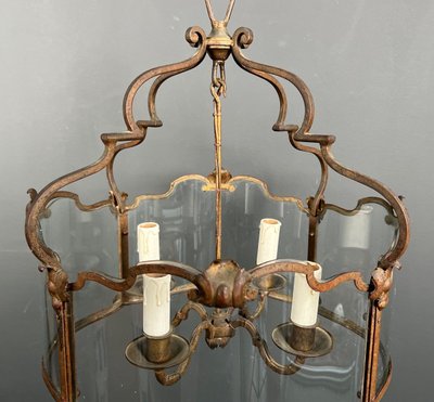 Lantern En Fer Forgé Battu Doré Et Verres Galbés. French work. Circa 1940