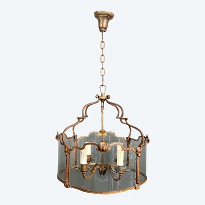 Lantern En Fer Forgé Battu Doré Et Verres Galbés. French work. Circa 1940