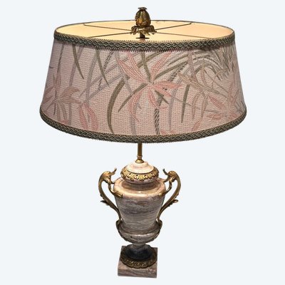 Grande Lampe En Marbre Ornée d'Une Couronne En Bronze à La Base, De Grandes Anses