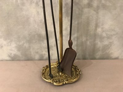 19th century iron fireplace server with shovel, iron and bronze tongs