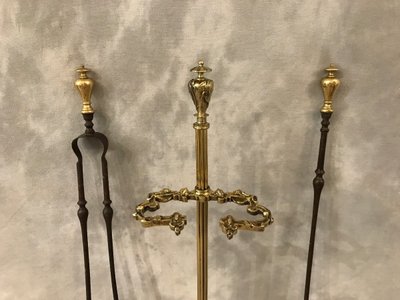 19th century iron fireplace server with shovel, iron and bronze tongs