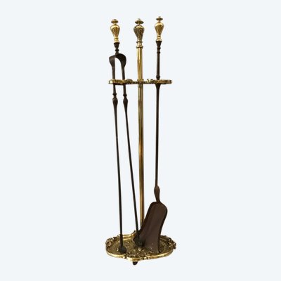 19th century iron fireplace server with shovel, iron and bronze tongs