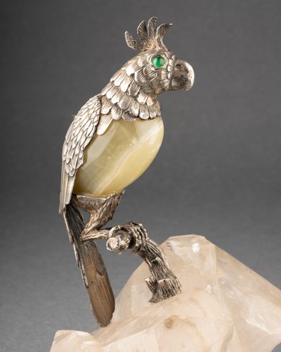 Bird in Solid Silver and Agate on a Rock Crystal Base, 19th Century