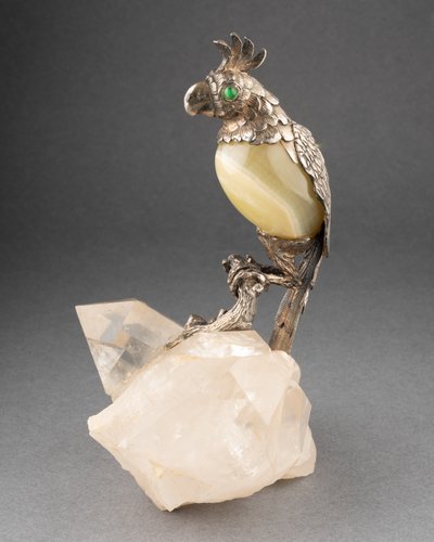 Bird in Solid Silver and Agate on a Rock Crystal Base, 19th Century