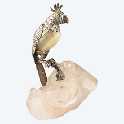 Bird in Solid Silver and Agate on a Rock Crystal Base, 19th Century