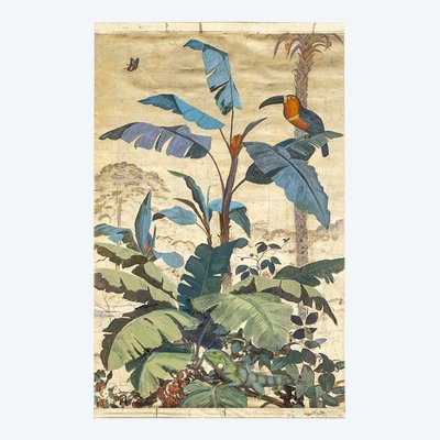 Painted canvas. Toucan on a leafy background. Contemporary work. LS60301260A