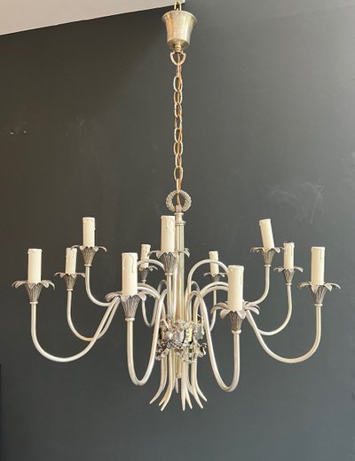 Neoclassical Style Silvered Metal Chandelier. French work by La Maison Charles. Circa 1940