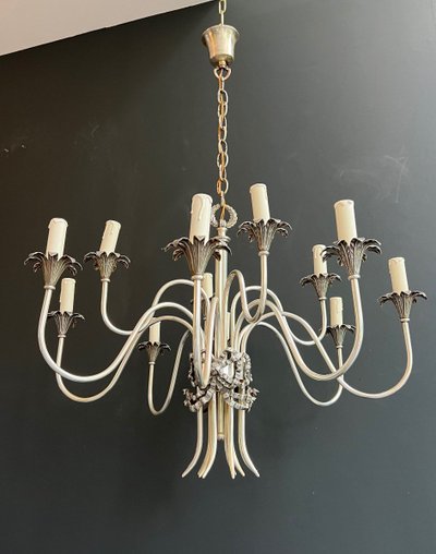 Neoclassical Style Silvered Metal Chandelier. French work by La Maison Charles. Circa 1940
