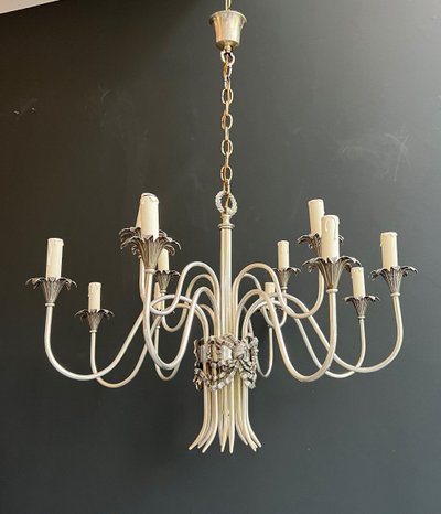 Neoclassical Style Silvered Metal Chandelier. French work by La Maison Charles. Circa 1940