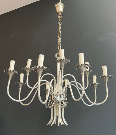 Neoclassical Style Silvered Metal Chandelier. French work by La Maison Charles. Circa 1940
