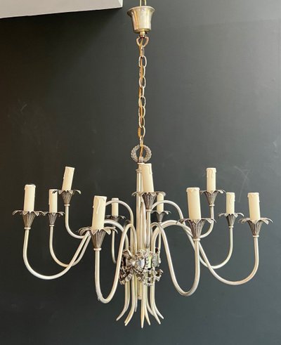 Neoclassical Style Silvered Metal Chandelier. French work by La Maison Charles. Circa 1940