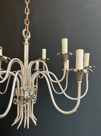 Neoclassical Style Silvered Metal Chandelier. French work by La Maison Charles. Circa 1940