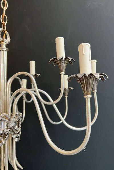 Neoclassical Style Silvered Metal Chandelier. French work by La Maison Charles. Circa 1940
