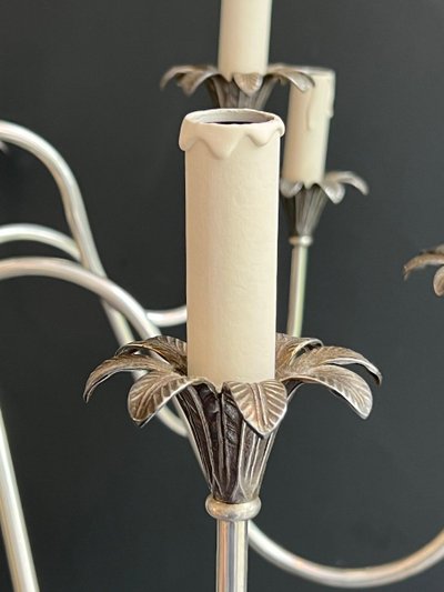 Neoclassical Style Silvered Metal Chandelier. French work by La Maison Charles. Circa 1940