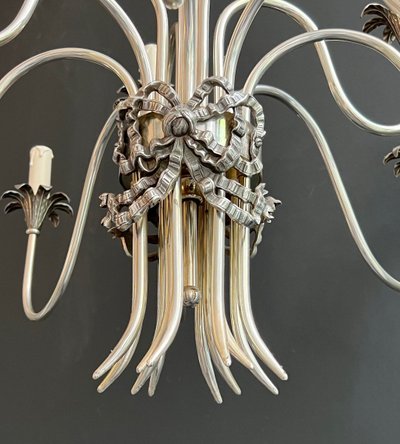 Neoclassical Style Silvered Metal Chandelier. French work by La Maison Charles. Circa 1940