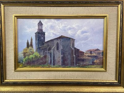 Gemälde Öl auf Leinwand Spanische Schule Nestor Kirche von Riudellots de la Selva
