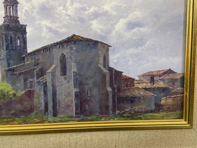 Gemälde Öl auf Leinwand Spanische Schule Nestor Kirche von Riudellots de la Selva