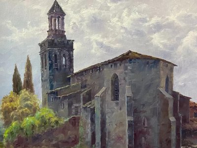 Gemälde Öl auf Leinwand Spanische Schule Nestor Kirche von Riudellots de la Selva