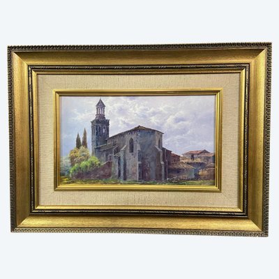Gemälde Öl auf Leinwand Spanische Schule Nestor Kirche von Riudellots de la Selva